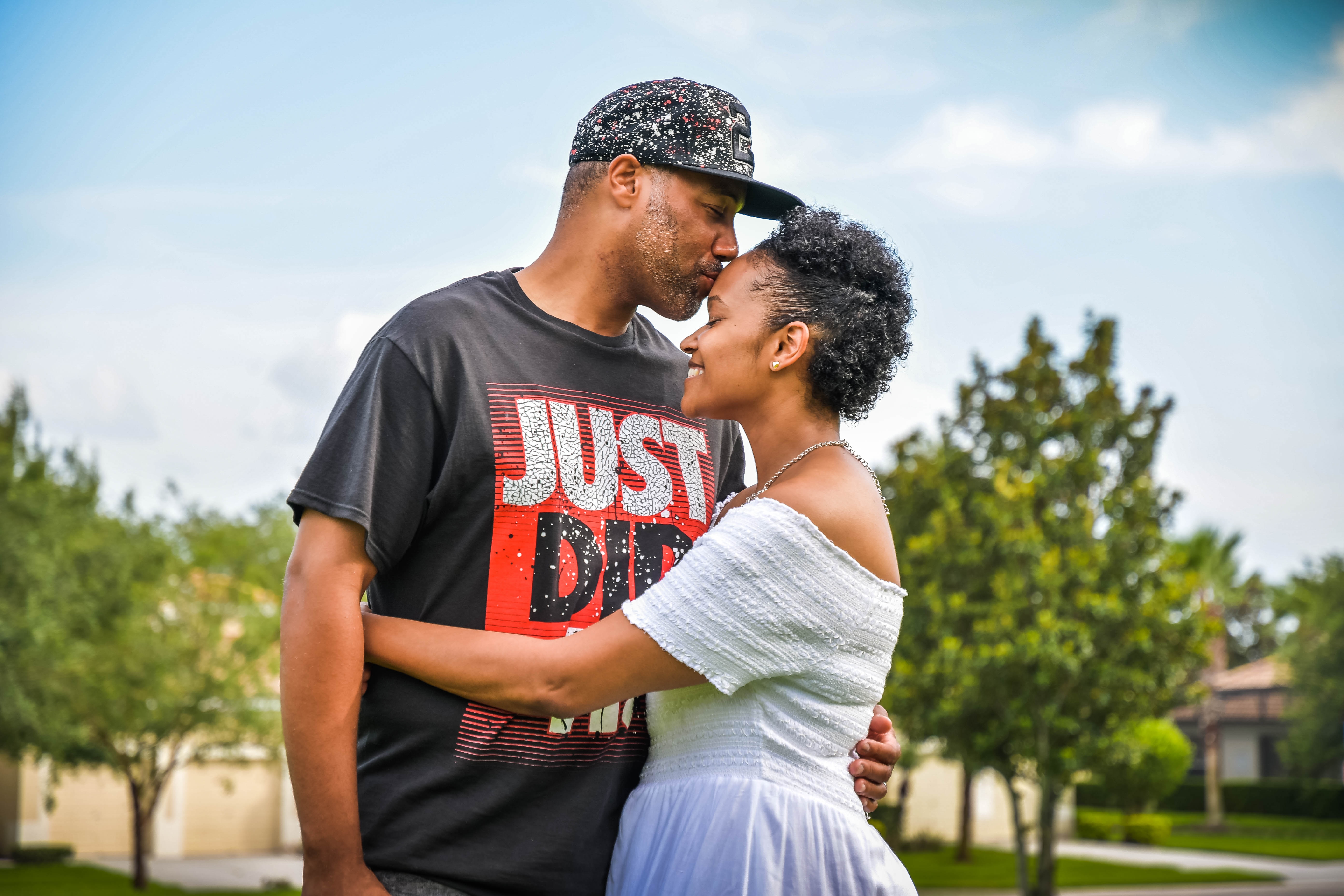 A couple embracing outdoors
